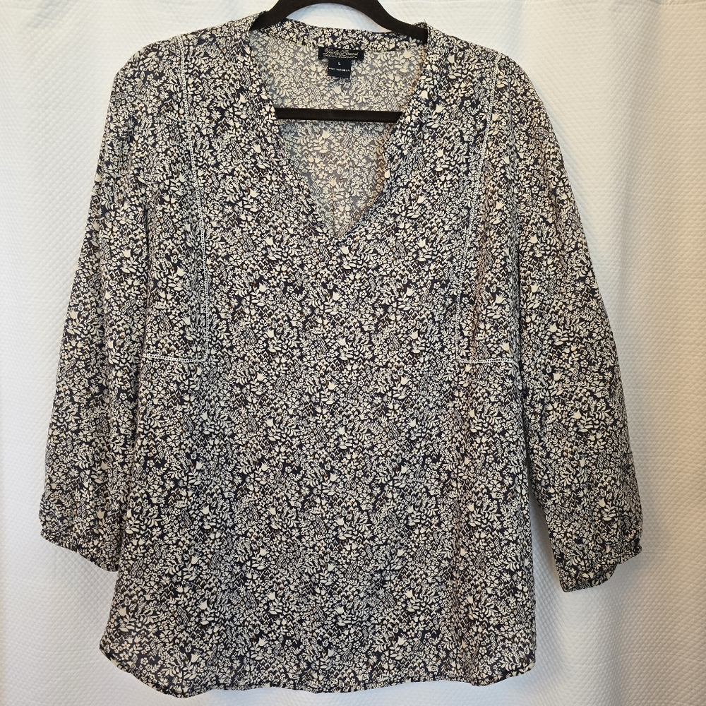 Lucky Brand Boho Top, Size L, Navy/Cream/Brown